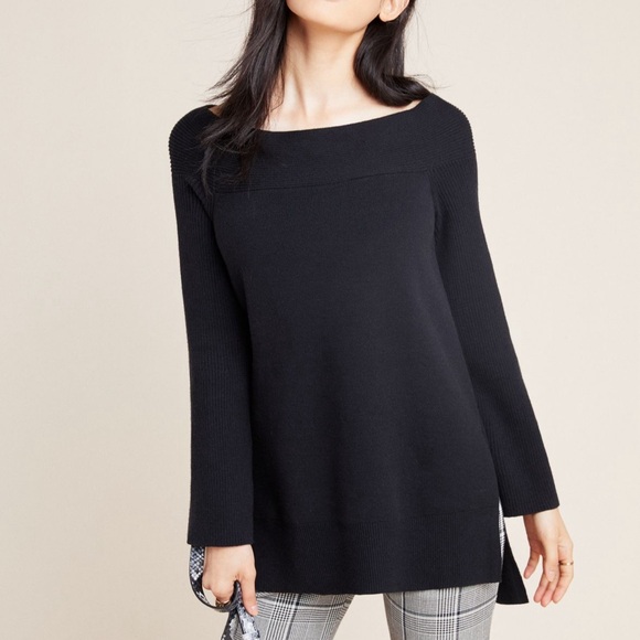 Anthropologie Elise Ribbed Tunic - boatneck black knit sweater - L - NWT - Picture 3 of 10